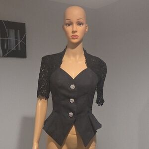 Vintage Black Lace Women's Blazer with Sparkling Buttons